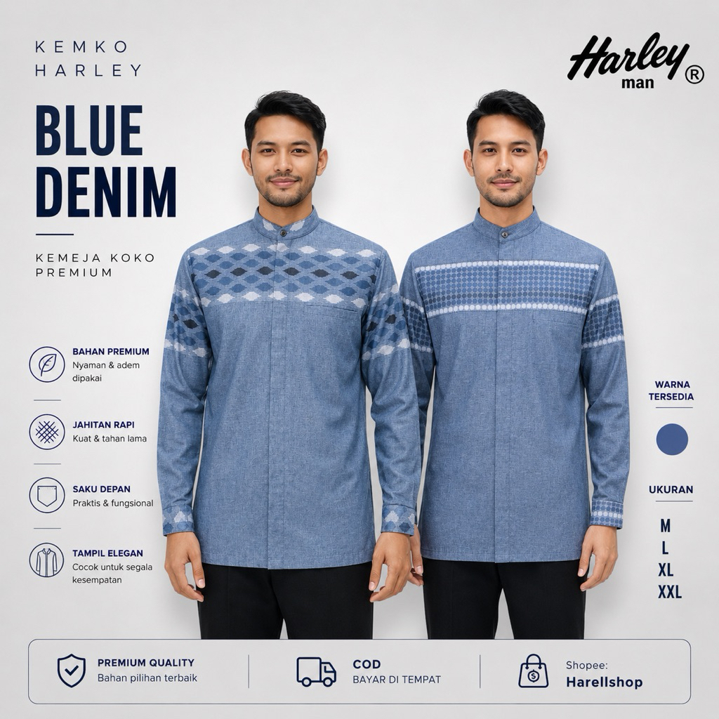 Kemko Harley Pria Lengan Panjang Blue Denim dan Denim Blue Grey | Baju Koko Modern Katun Adem | Koko