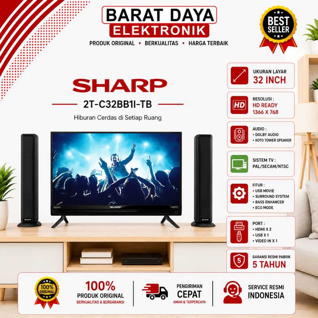 LED TV SHARP 2T-C32BB1i-TB LED TV - Analog TV Hitam [32 Inch]