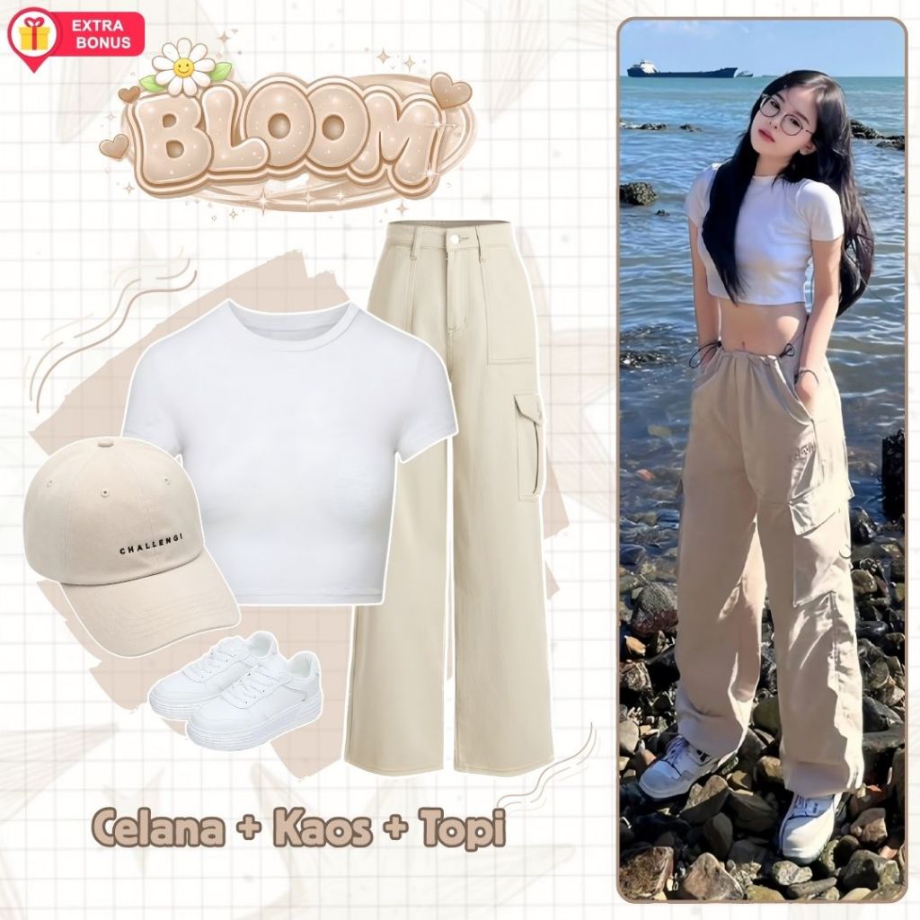 One set 3in1 Kaos Crop Celana Cargo Topi | ootd outfit oneset setelan coquette classy santai simple 