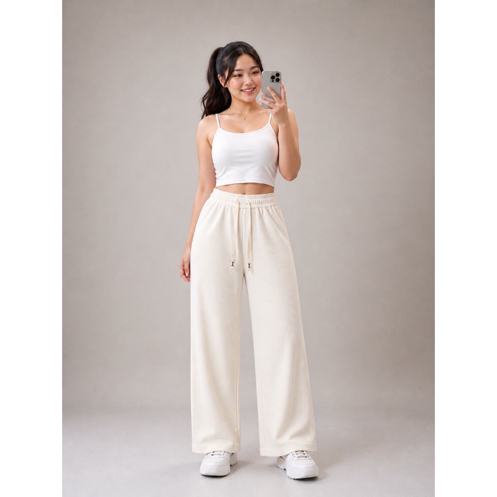 [Minnetica] Dania Ribbed Highwaist Wide Leg Sport Pants