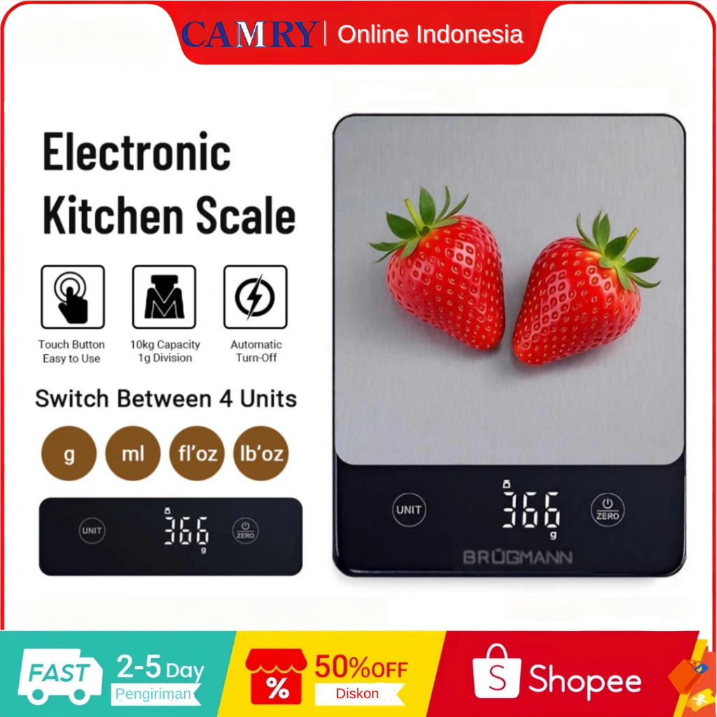 BRUGMANN By CAMRY Timbangan Dapur Digital 10kg, Layar LED, Bisa Digantung – Timbangan Makanan Akurat