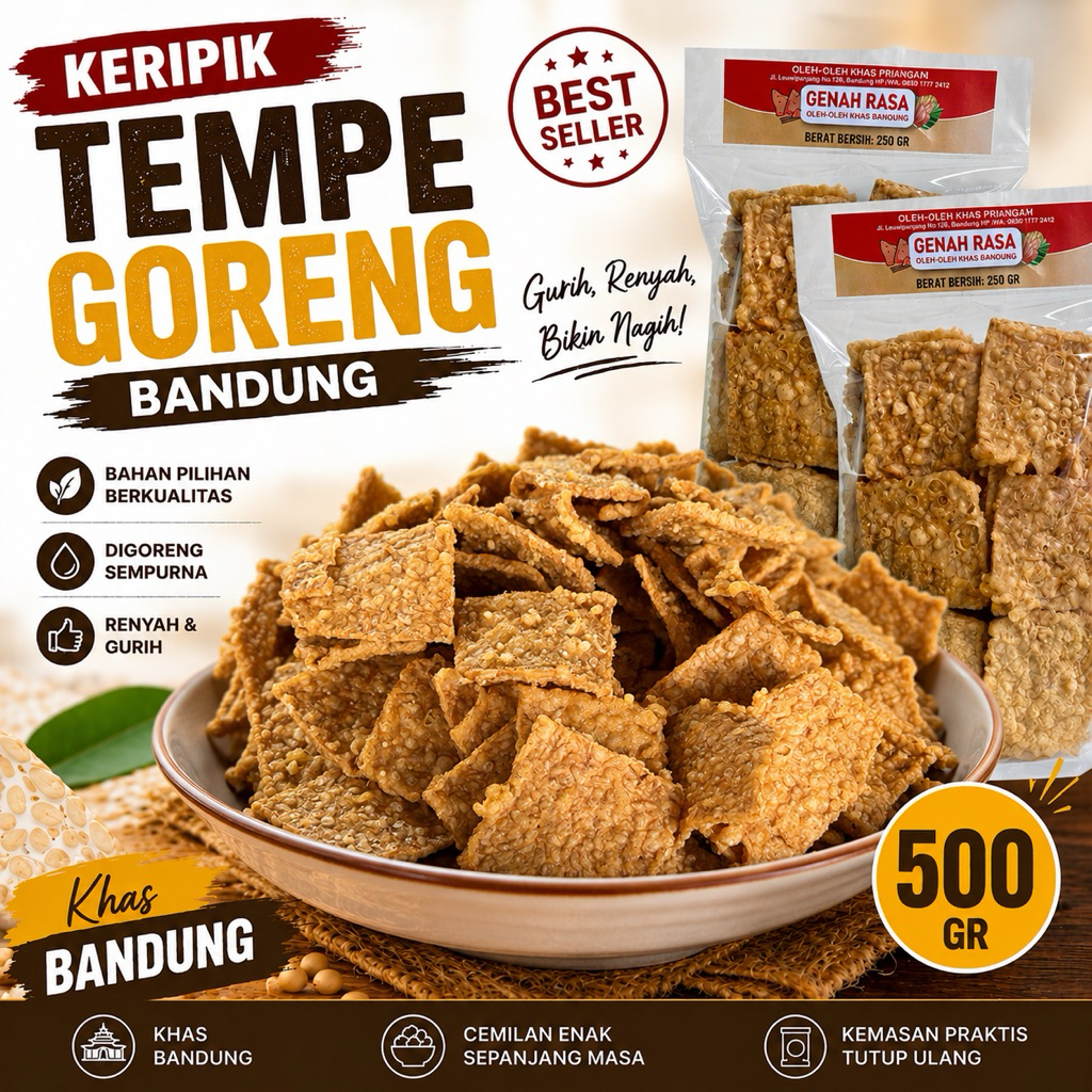 Keripik Tempe Goreng Bandung Asin 500 gram Oleh oleh Khas Bandung Genah Rasa - Kripik Tempe Original