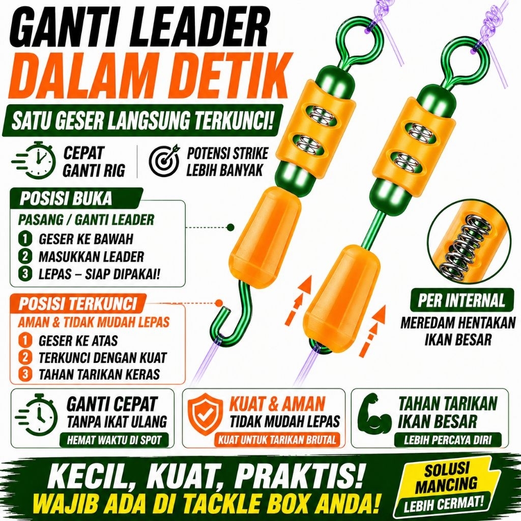 2pcs Quick Snap Pancing Per Anti Kejut Anti Putus Anti Leps Hook Ganti Leader Cepat Swivel Pancing K