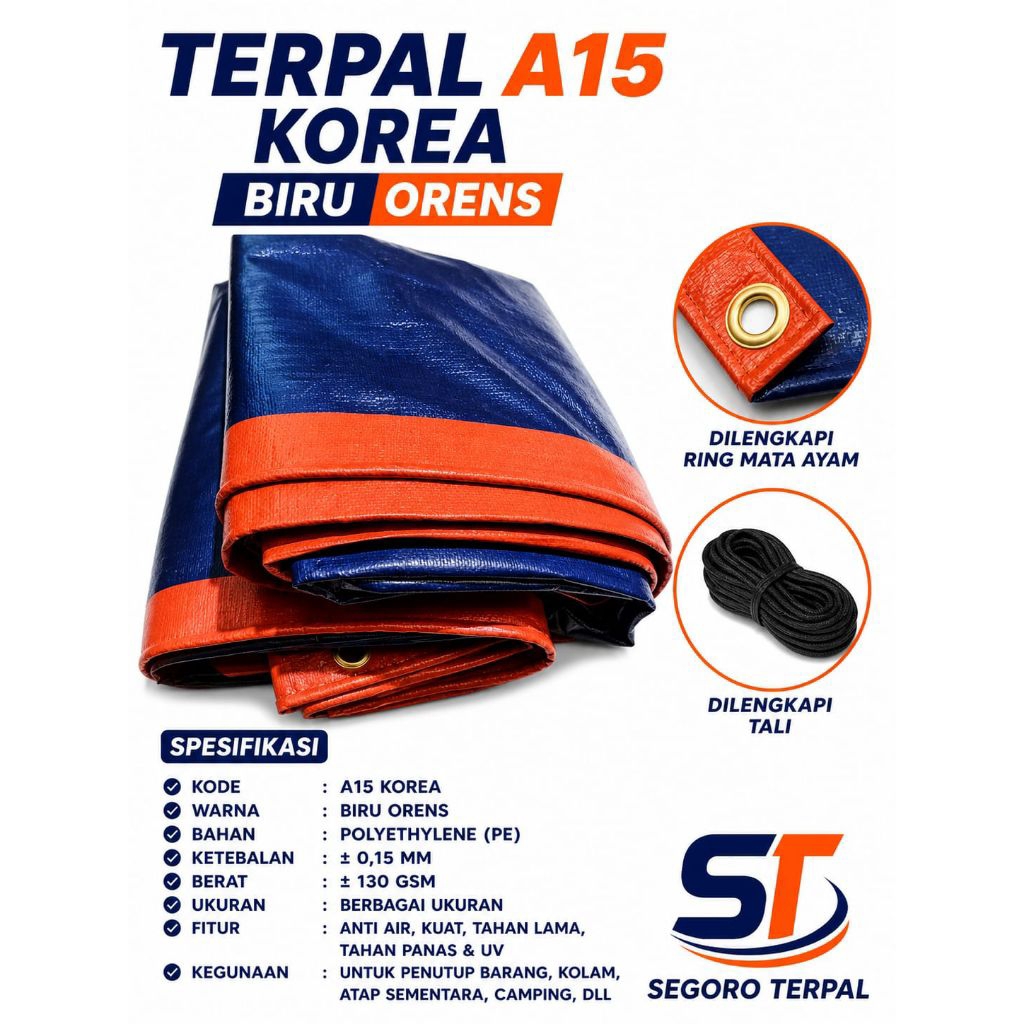 Terpal A15+UV KOREA warna biru oranye super tebal awet tahan air dan panas termurah ukuran jumbo 5x7
