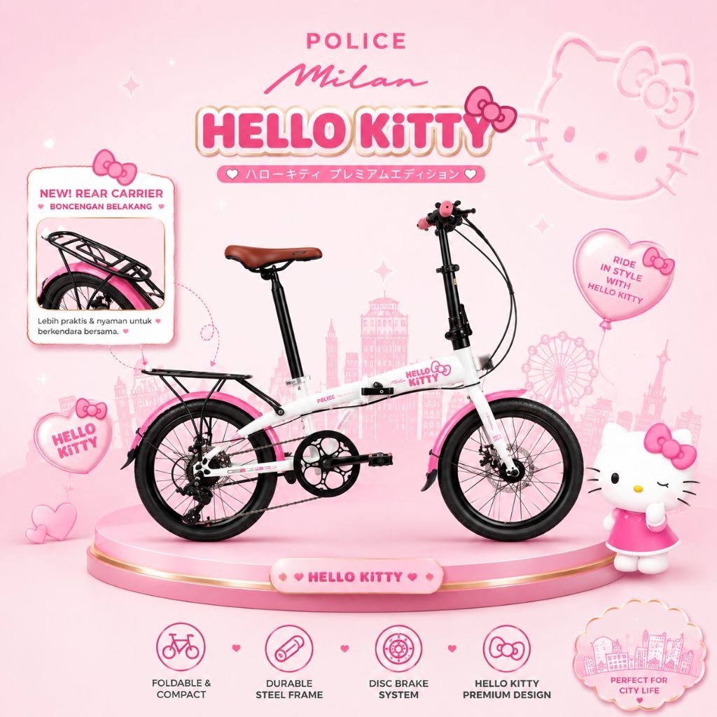 Sepeda Lipat Police Milan 8 Speed 20 Inch Hello Kitty Edition