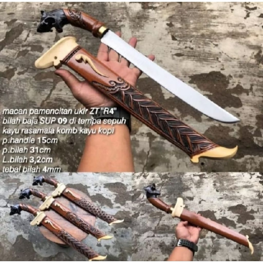 Pisau Ukir Macan ZT R4 Panjang 50cm | Gagang Artistik Kayu Rasamala Kombinasi Kayu Kopi