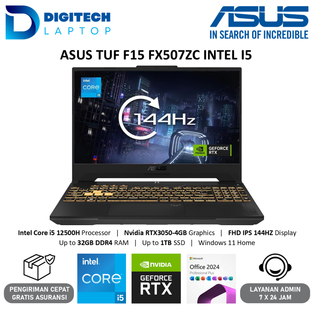 Laptop Gaming Asus TUF F15 FX507ZC Intel I5 12500H NVIDIA RTX3050 15.6 FHD IPS 144Hz RGB Windows 11