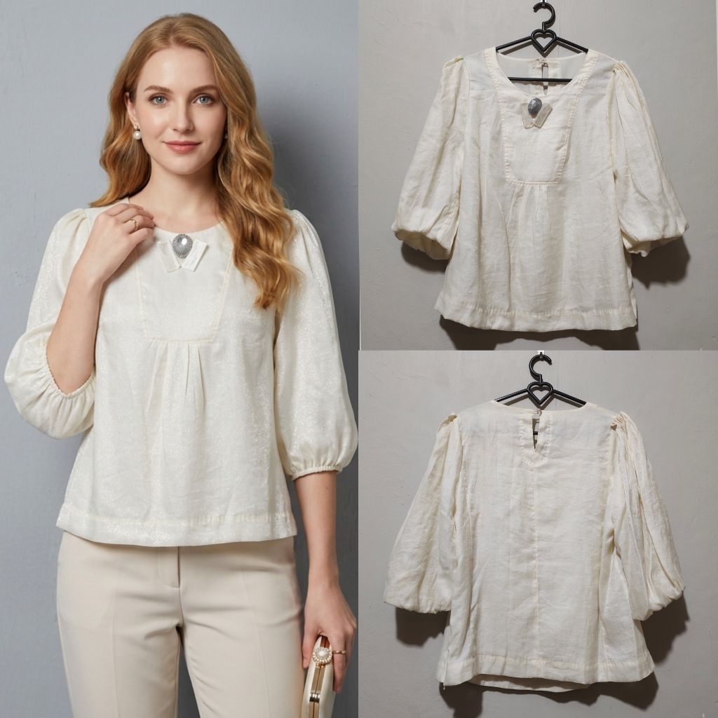 MIC HAA textured blouse lengan balon blouse vintage cream blouse y2k baloon blouse cream shirt crop 