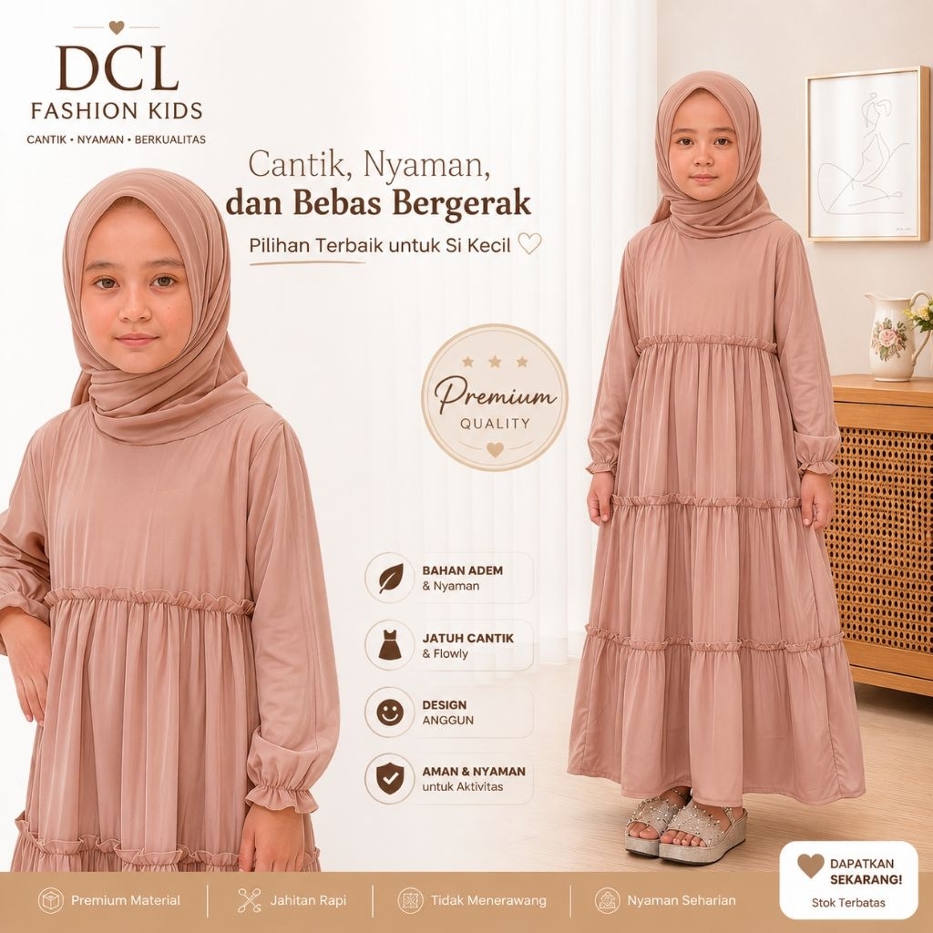 Gamis Aisyah - Gamis Anak Perempuan Dress Susun Coksu Coklat Muda bahan embut Usia 1-12 Tahun DCL Fa