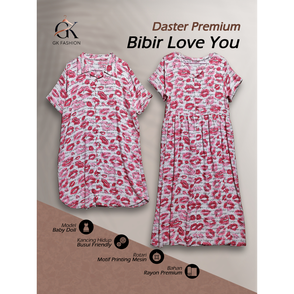 Daster Lucu Pink Wanita Premium Rayon Viscose Motif Bibir Love You | Baby Doll Rotari & Kancing Depa