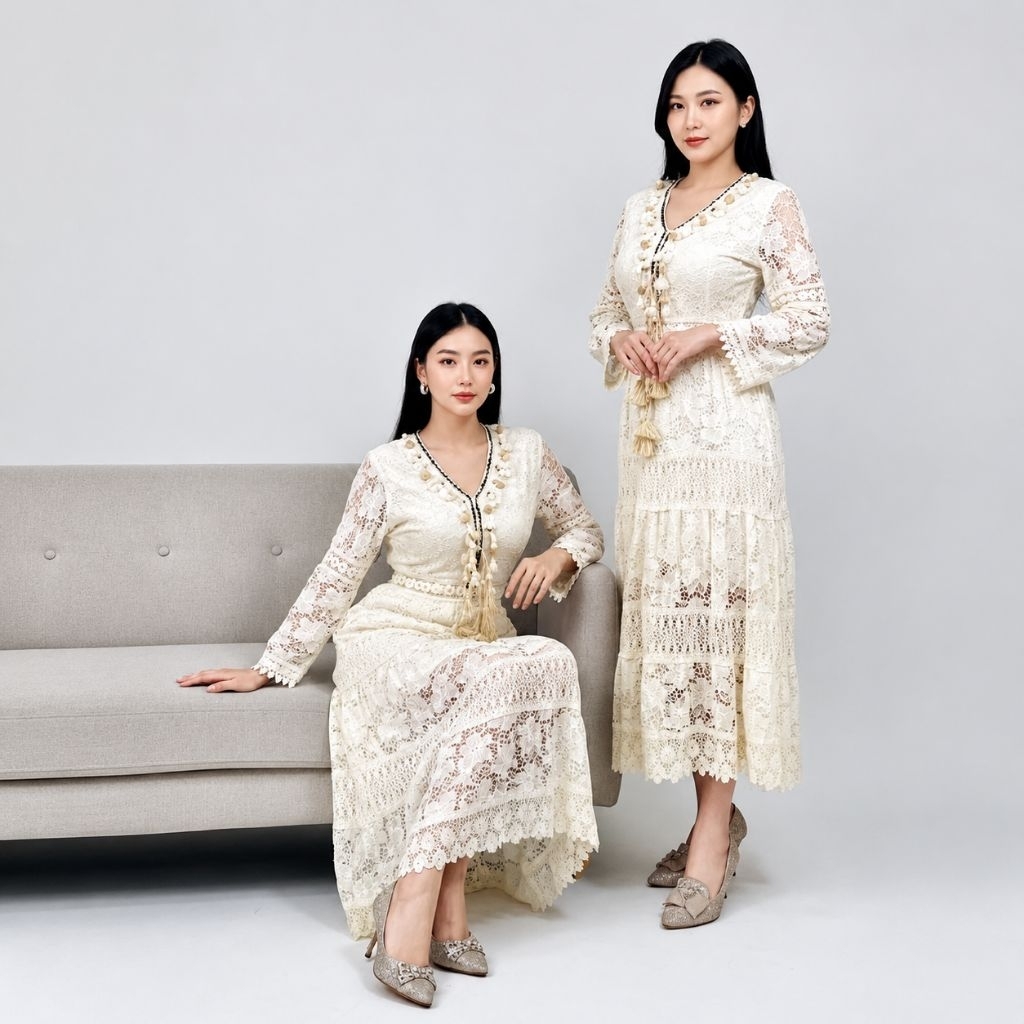 NISSA DRESS Lace Premium Wanita Long Dress Elegant Cream Dress Pesta Kondangan Kekinian