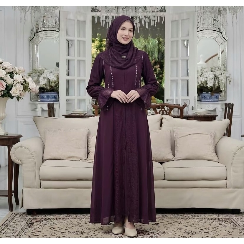 Ameera Dress Muslim Dua Layer Tule Chantily Gamis Wanita Dewasa Terbaru 2026 Gamis Kondangan Mewah