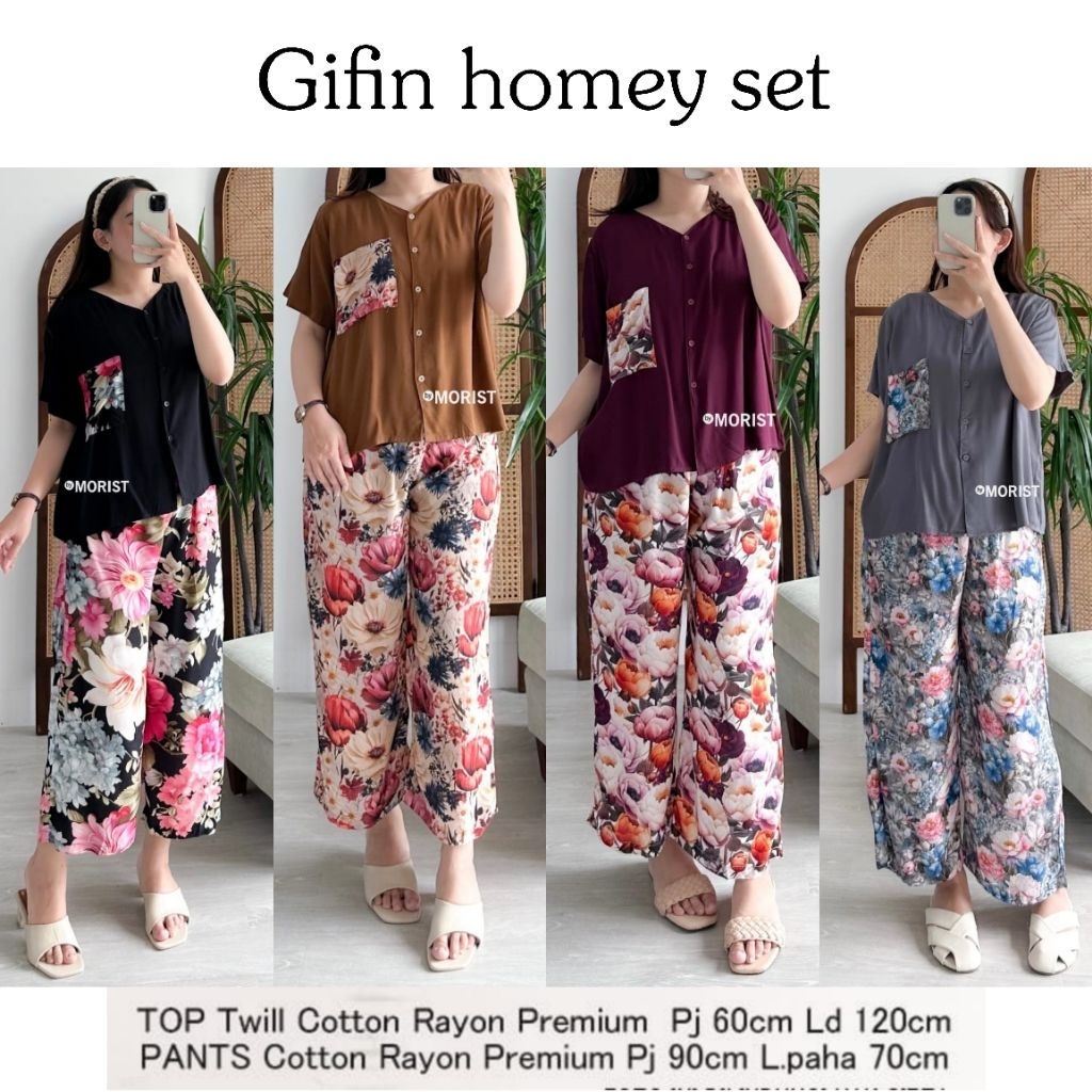 77. ELIFA gifin daily set setelan wanita piyama pendek + celana pendek bahan rayon motif mix polos o