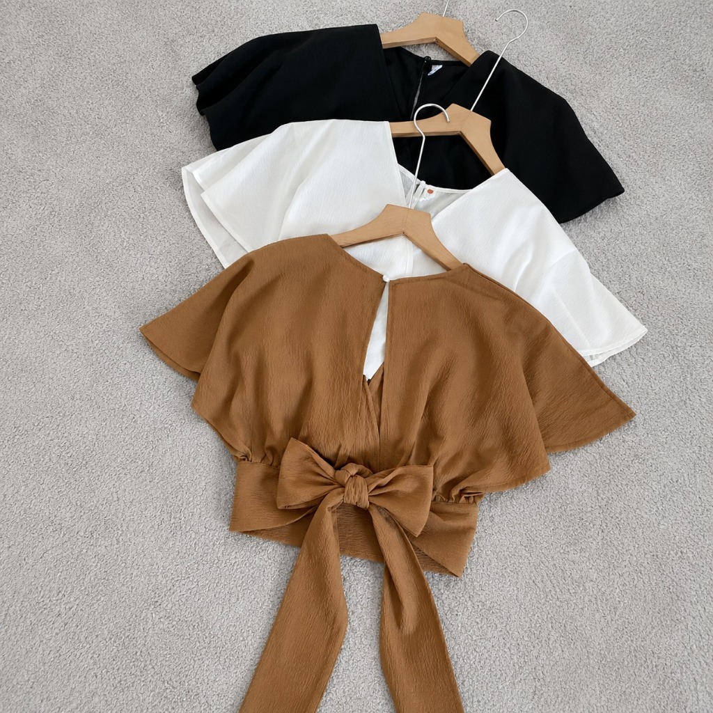 Vallina Outfit Femei Outer Blouse Slit Back Self Tie Wrap Crop Top Wanita Korean Style Bow Back