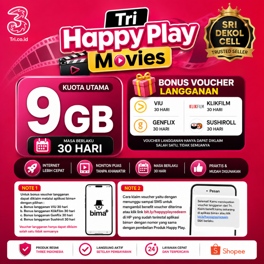 Tri Happy Play Movies 9GB 30 Hari + Bonus Voucher VIU / KlikFilm / Genflix / Sushiroll – Langsung Ak