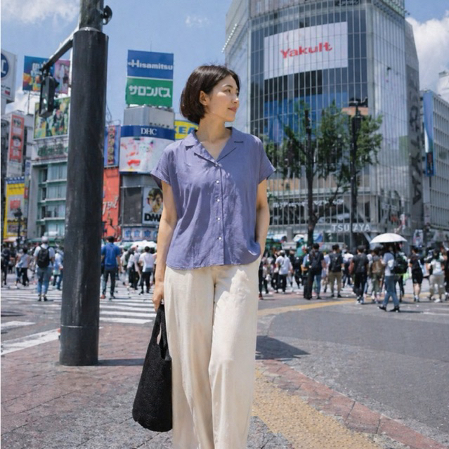 Kemeja Top Outer Blouse Uniqlo Women's Cotton Blouse Royal Blue Sleeveless Blouse Collar Original