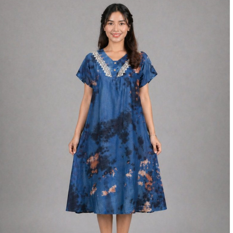 Daster Arab Tie Dye Biru Premium Busui Friendly Renda Kancing Depan | Daster Arab Tie Dye Premium