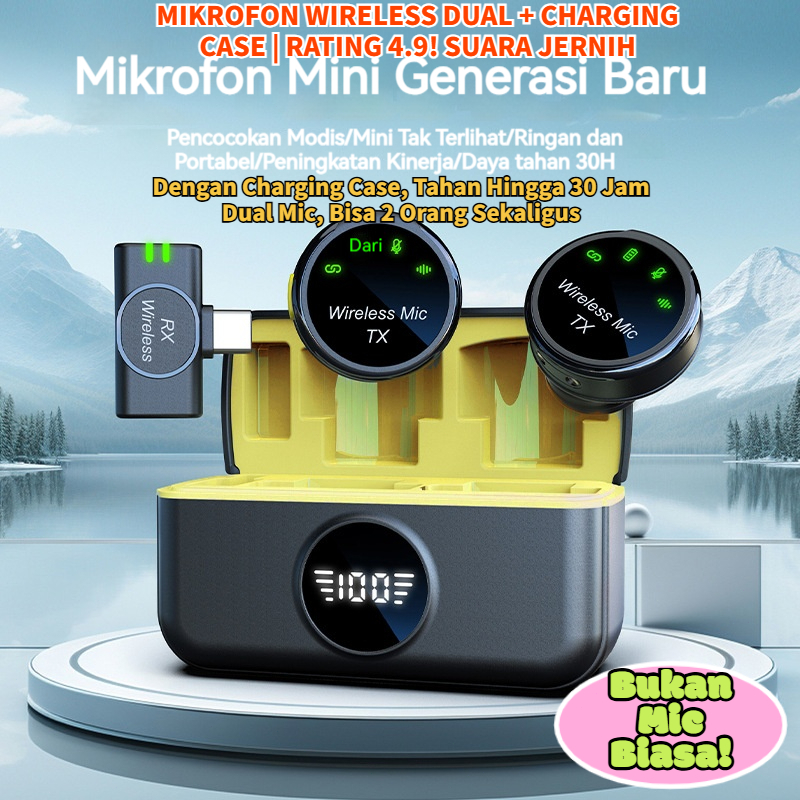 Mic Wireless Clip On 4.9 untuk Vlog Live Streaming HP Baterai Awet Kotak Pengisian Mikrofon clip on 