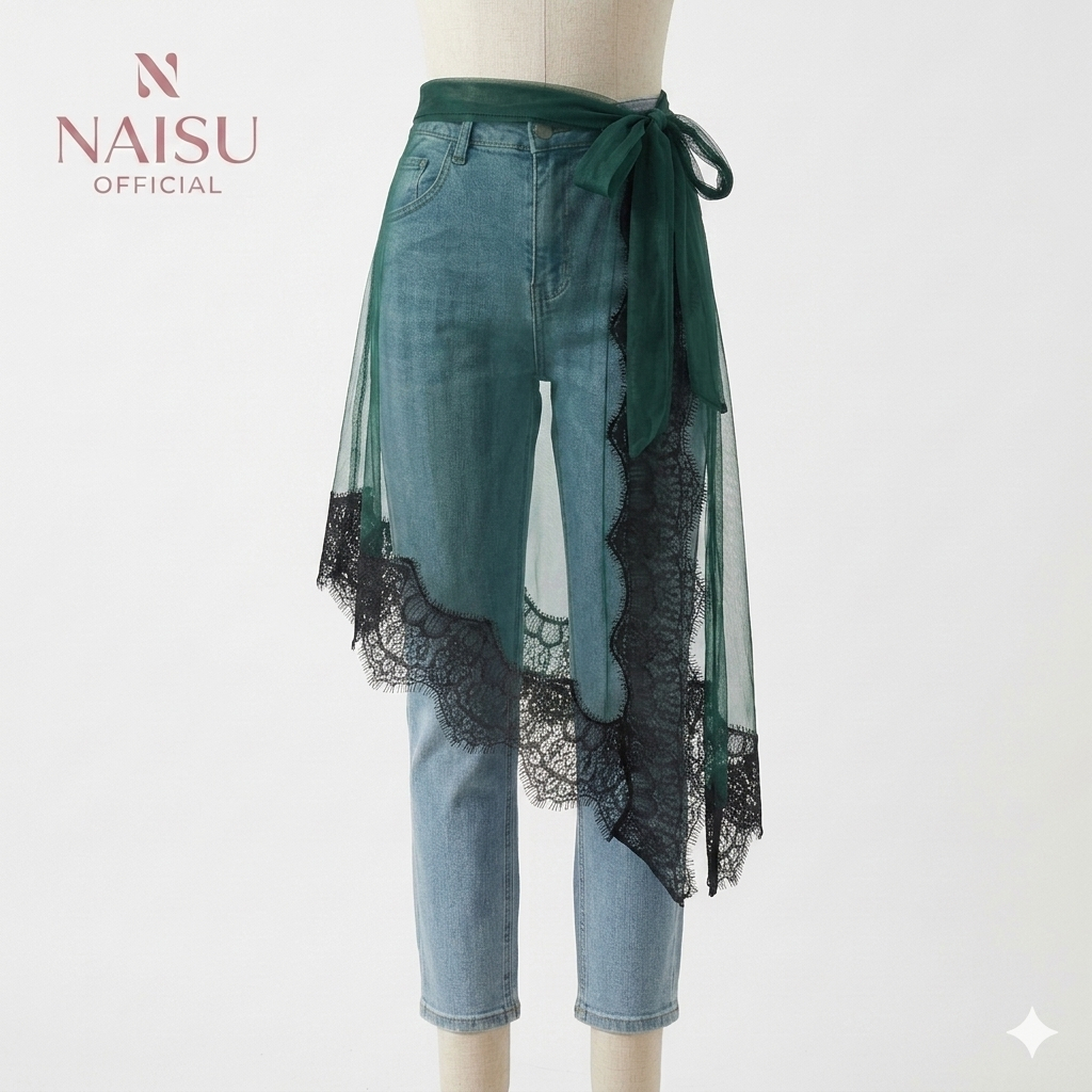 Naisu Rok wanita asemetrik layering skirt black lace panjang 65cm