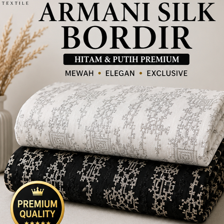 Kain Armani Silk Bordir Hitam Putih Premium - Bahan Gamis Mewah Wanita - Kain Bordir Elegan untuk Dr