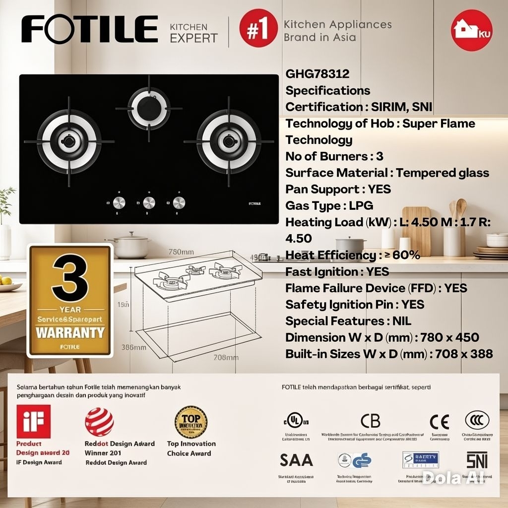 Kompor Tanam Fotile GHG78312 Gas Hob 3 Tungku Kompor Gas Built In Hob GHG 78312