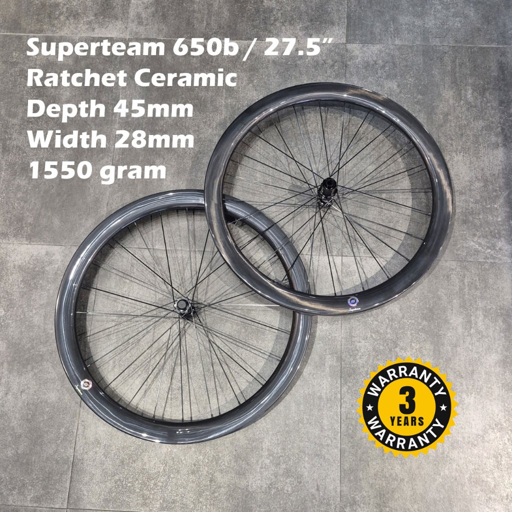 Superteam 650b 27.5" 45mm Lebar 28mm Carbon Clincher Wheelset Disc Brake Ratchet Ceramic