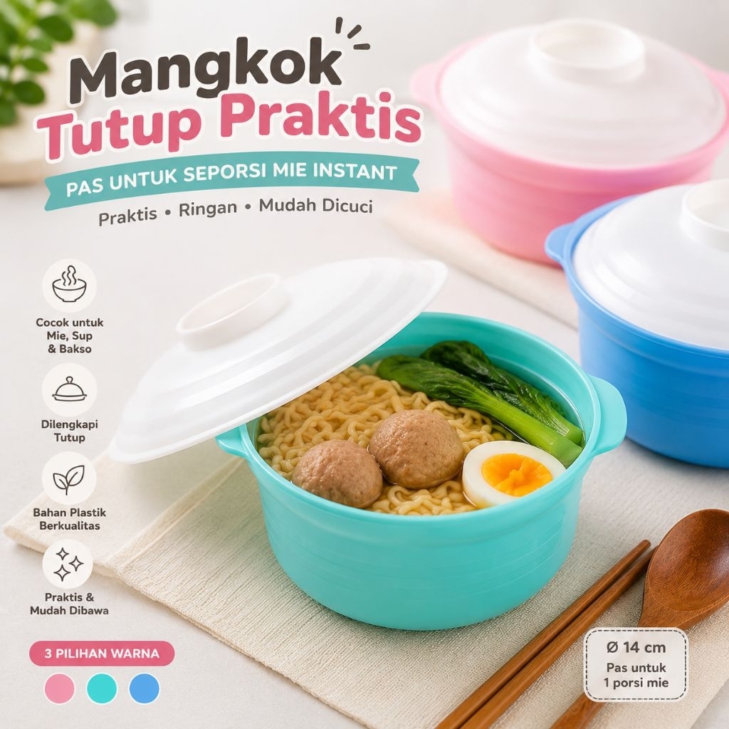 Mangkok Mie Tutup Plastik Serbaguna Estetik | Bowl Sup Bakso Ramen Rice Bowl dengan Tutup