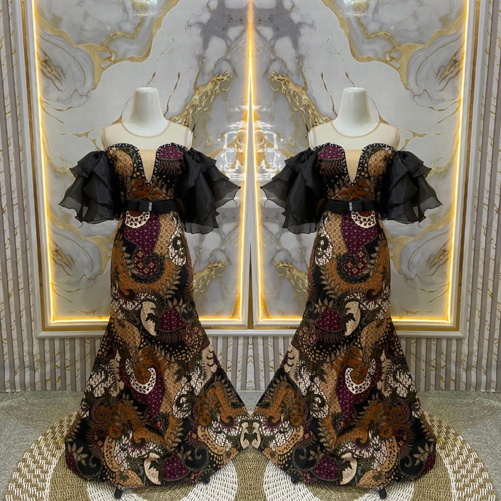REVALINA-0023  || Longdress Duyung Batik Strech lengan susun || Dress kondangan modern ||  Wanita Ba