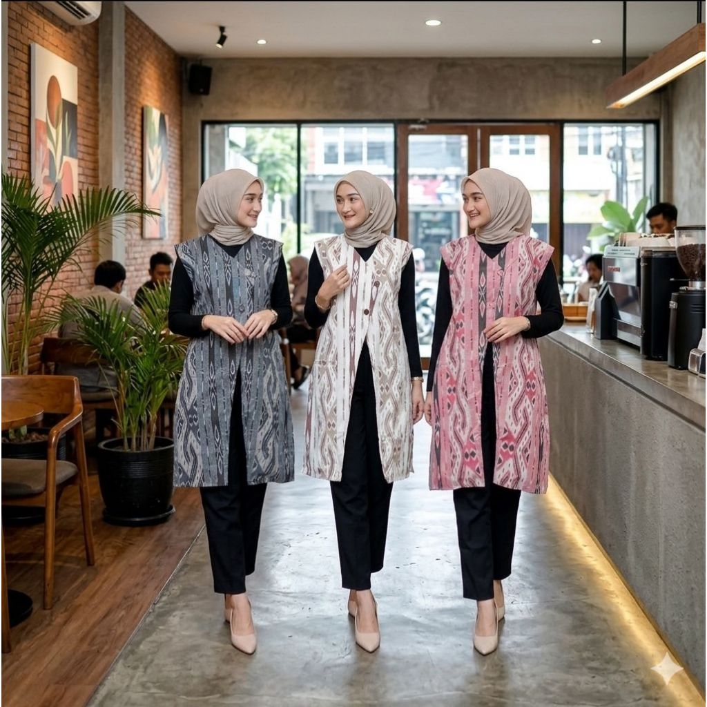 Long Cardi Batik Atasan Wanita Modern Outer Panjang Tanpa Lengan