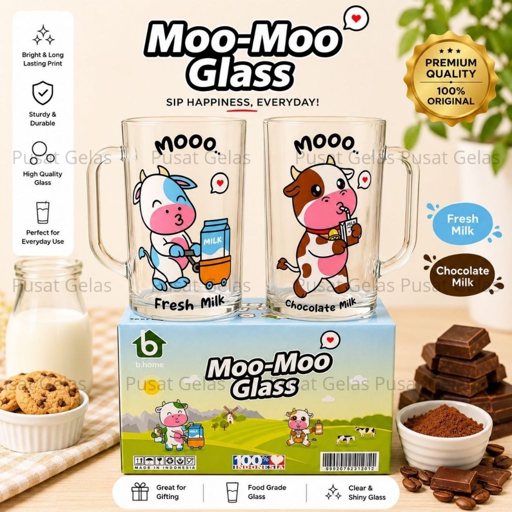 1 SET ISI 2 PCS GELAS MUG MOO-MOO GLASS/GELAS MUG SUSU CHOCO SET/GELAS KACA SET/GELAS LUCU/GELAS GIF