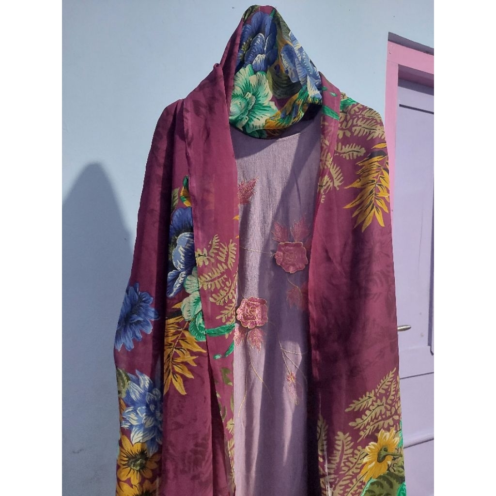 Preloved set baju kurung+celana+selendang pashmina