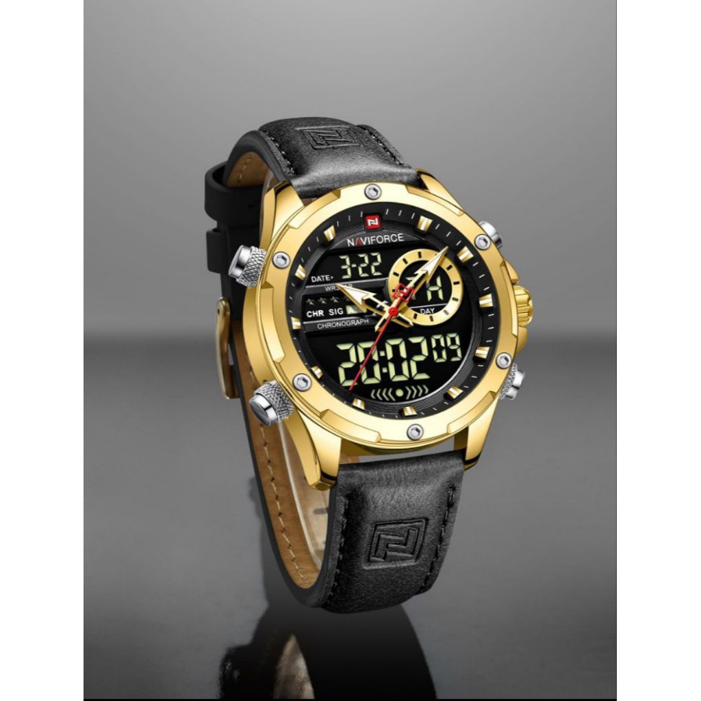 Naviforce NF-9208M Original Doble time Jam tangan pria anti air tali kulit