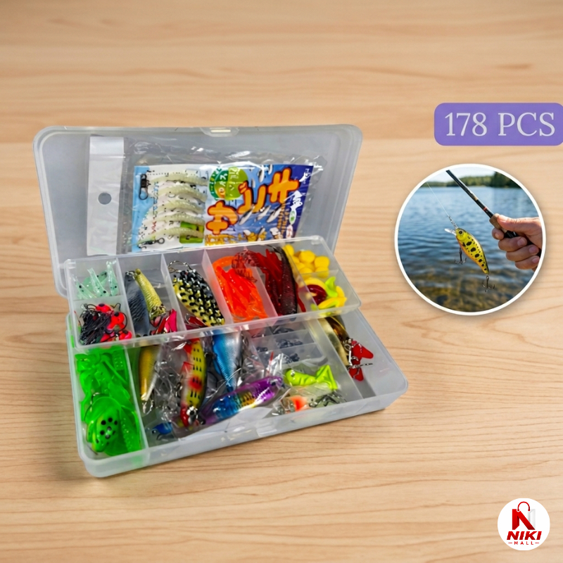 TaffSPORT Set Umpan Pancing Lengkap Kotak Alat Pancing Udang Cacing Kodok Katak Tiruan Kail Pancing 