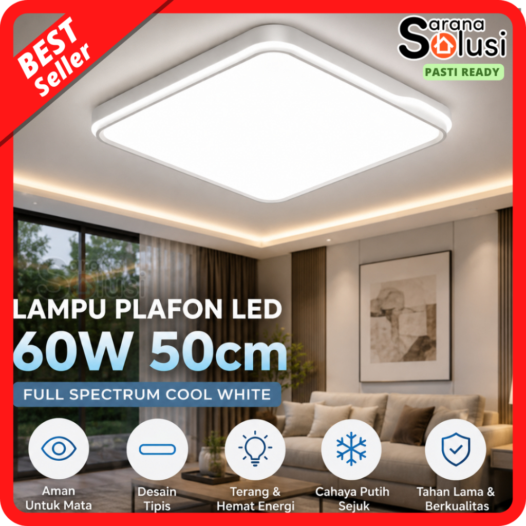 Lampu Plafon Kotak Putih Modern LED Full Spectrum Cool White 60W 50cm