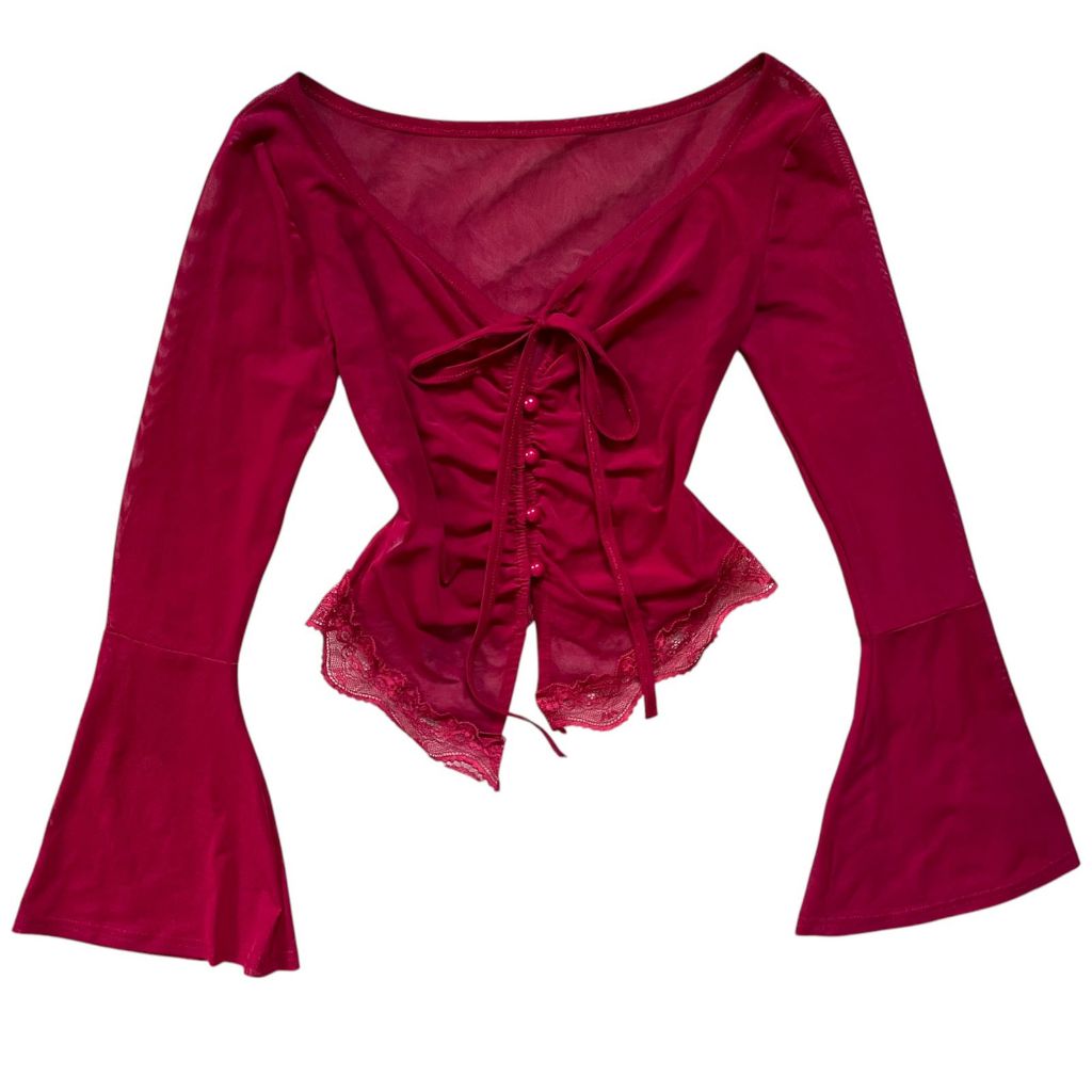 Fairycore Mesh Scrunched Lace Asymmetrical Bell Sleeves V Neck Ribbon Top | red merah renda brukat j