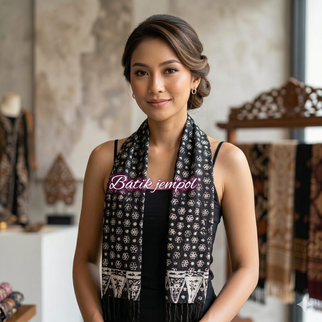 syal batik hitam-putih - syal batik cap