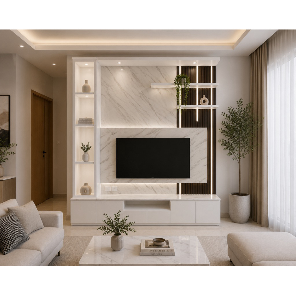 Backdrop TV Minimalis Modern Putih Marmer Rak LED Cabinet TV Elegan Ruang Tamu