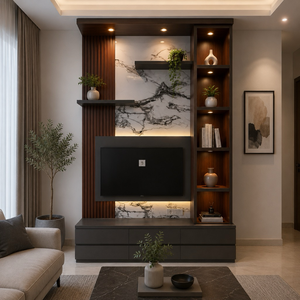 Backdrop TV Minimalis Modern Coklat Hitam Rak Hias LED Cabinet TV Marmer Elegan