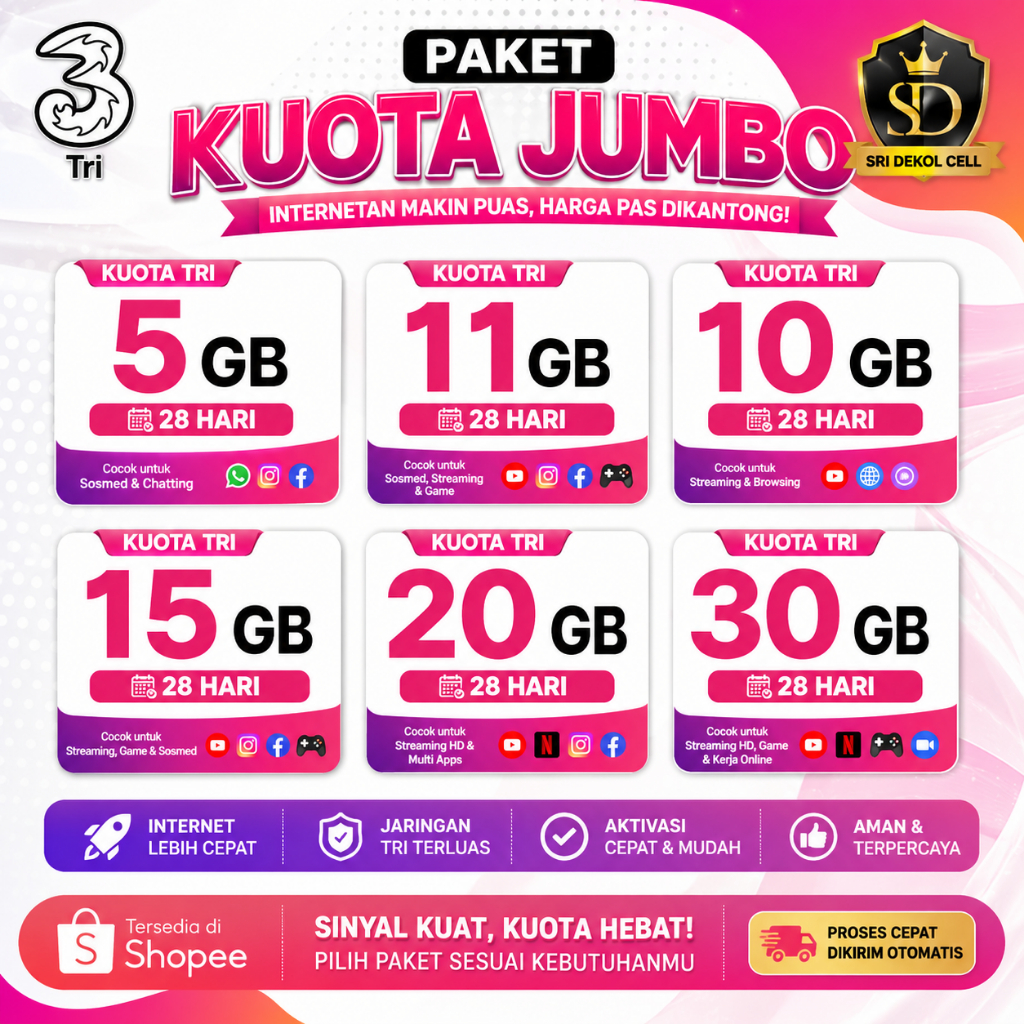Kuota Tri Jumbo Murah 28 Hari 5GB 10GB 11GB 15GB 20GB 30GB Paket Internet Three Original Nasional