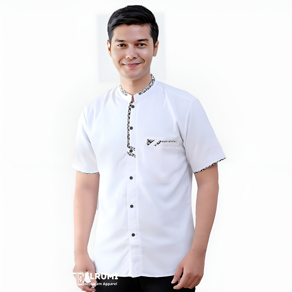 Kemeja Muslim Pria Putih Lengan Pendek Motif Annoz Desain Kancing Depan