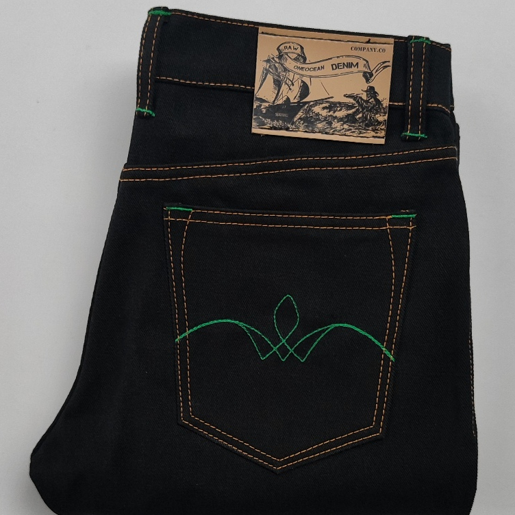 ONE OCEAN DENIM jeans SELVEDGE     [BIG SIZE]    deep weft linegreen VILLAGE FLOWERS x PRO indigo 15