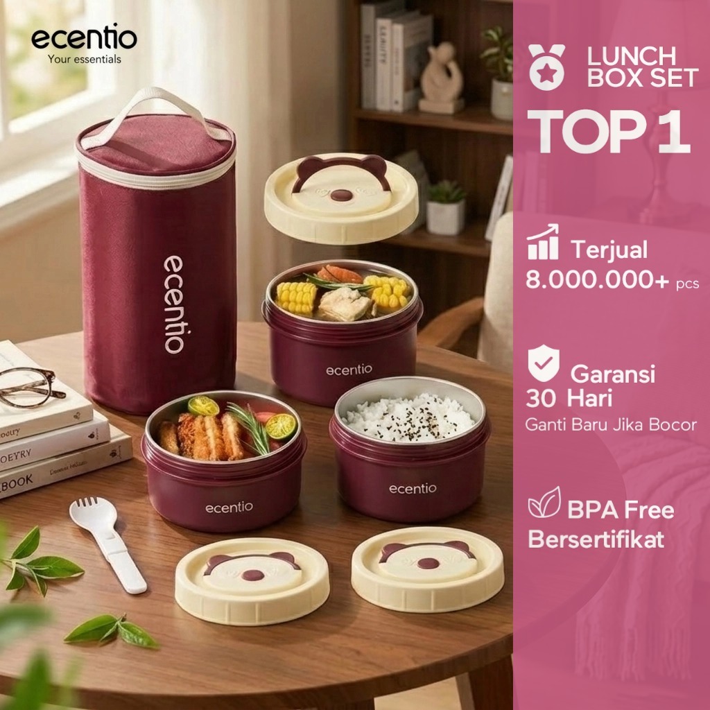 [Versi 2.0] ecentio lunch box tas set 3pcs merah Kotak Makan anti tumpah 304 Stainless Steel tas bek