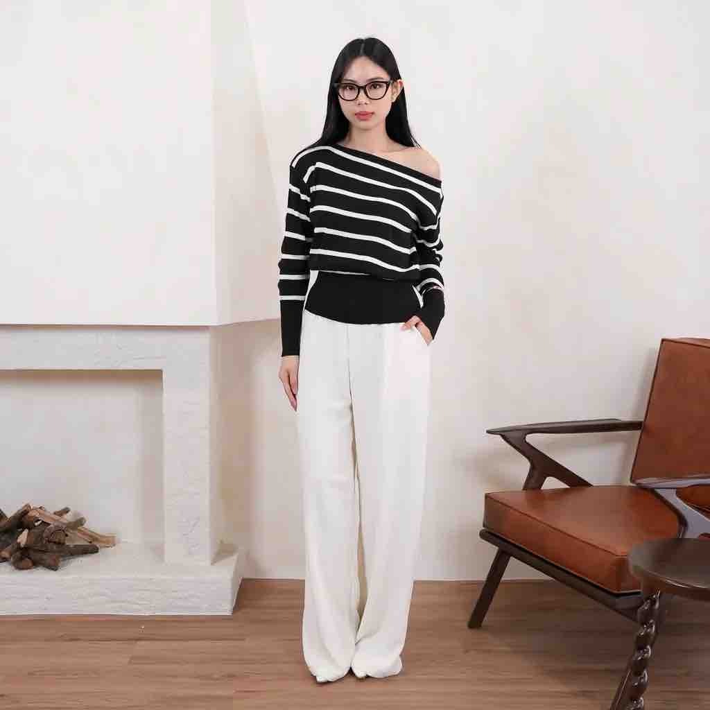 Opaline Wear - Shasha Stripe Rajut Sabrina / Sweater Rajut Wanita Stripe Korean Style – Knit Top Sab
