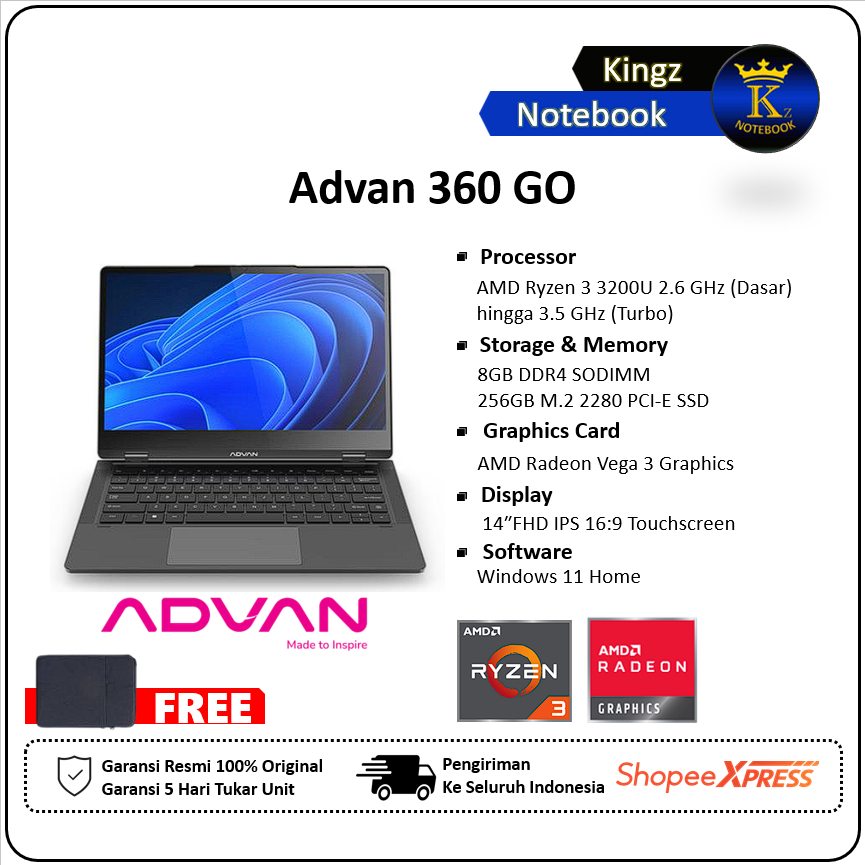 Advan 360 GO Ryzen 3 3200U 8GB SSD 256GB Win11 14" FHD IPS Touchscreen