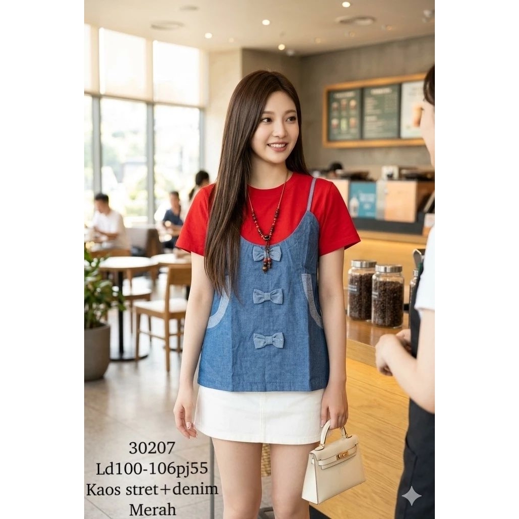 Atasan Kaos Mix Denim Wanita Korean Style/Atasan Wanita Kaos Kombinasi Denim/Kaos Wanita Mix Jeans K