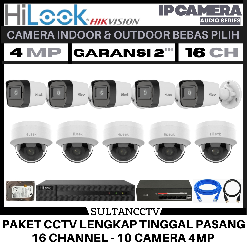 Paket Cctv Hilook 16 Channel 10 Kamera 4mp Ip Camera Audio Series Komplit Pantau HP