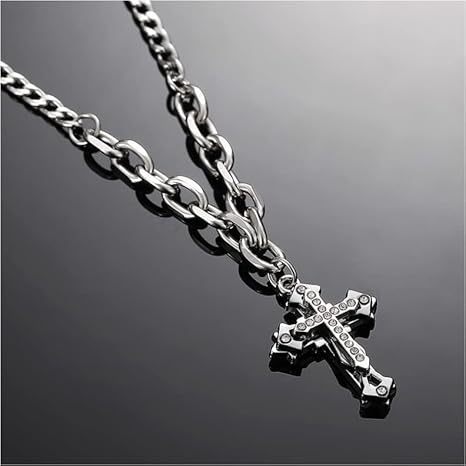 Kalung Salib Permata Beda Rantai Minimalis / Kalung Salib Silver Rantai Kombinasi Elegan / Necklace 