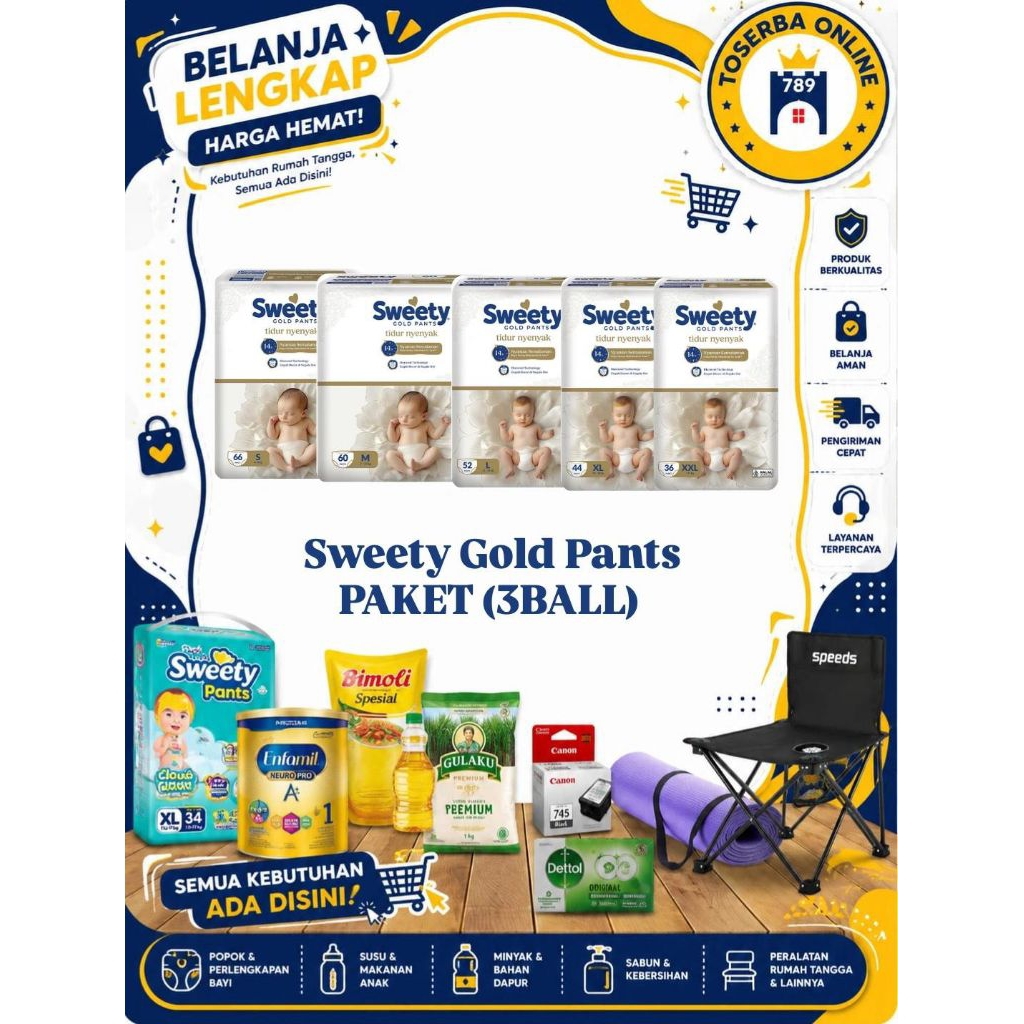 [Pampers Bundle 3 PACK] Sweety Gold Pants Size (S66, M60, L52, XL44, XXL36) - Size Jumbo