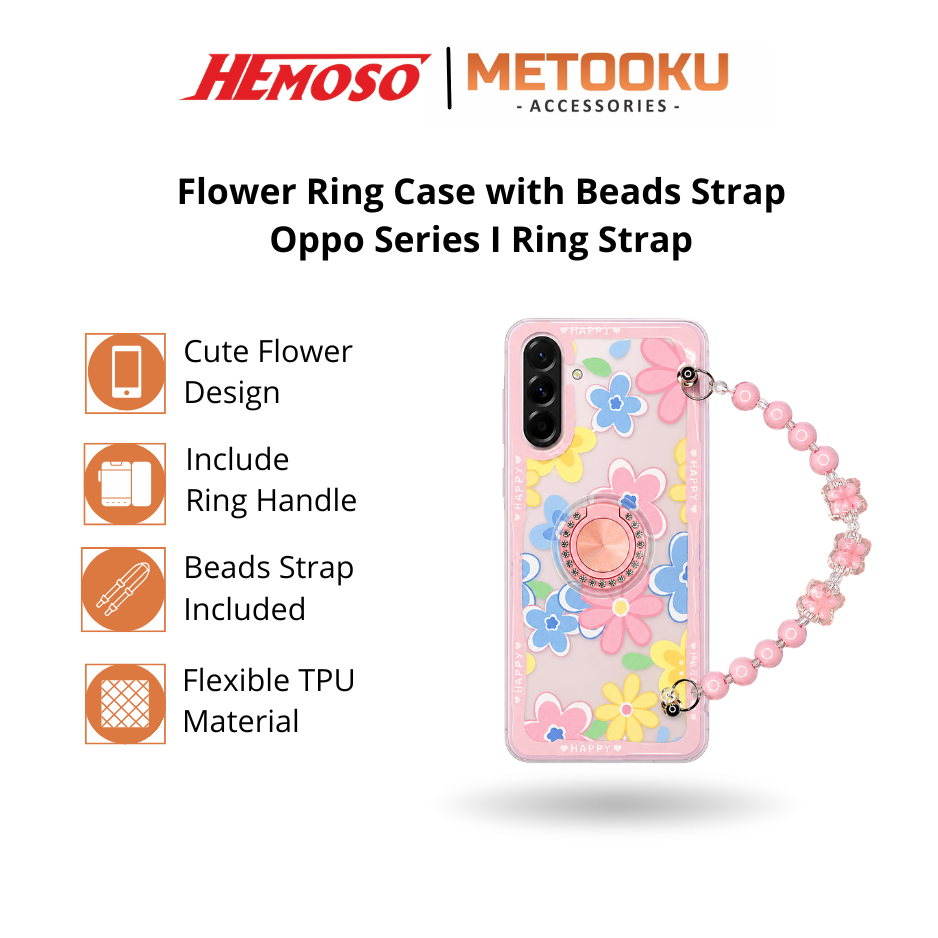 Softcase Flower Ring With Beads Strap Softcase Pop Socket Motif Bunga Clear Case For Oppo  Reno 8 5G