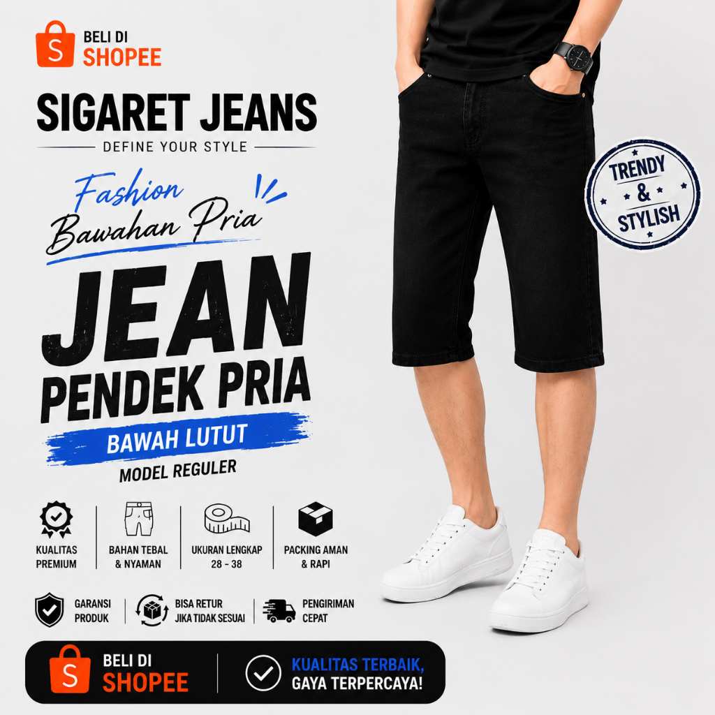 Celana Jeans Pendek Pria / Celana Pendek Denim Bawah Lutut / Celana Pendek Model Bawah Lutut / Blitz